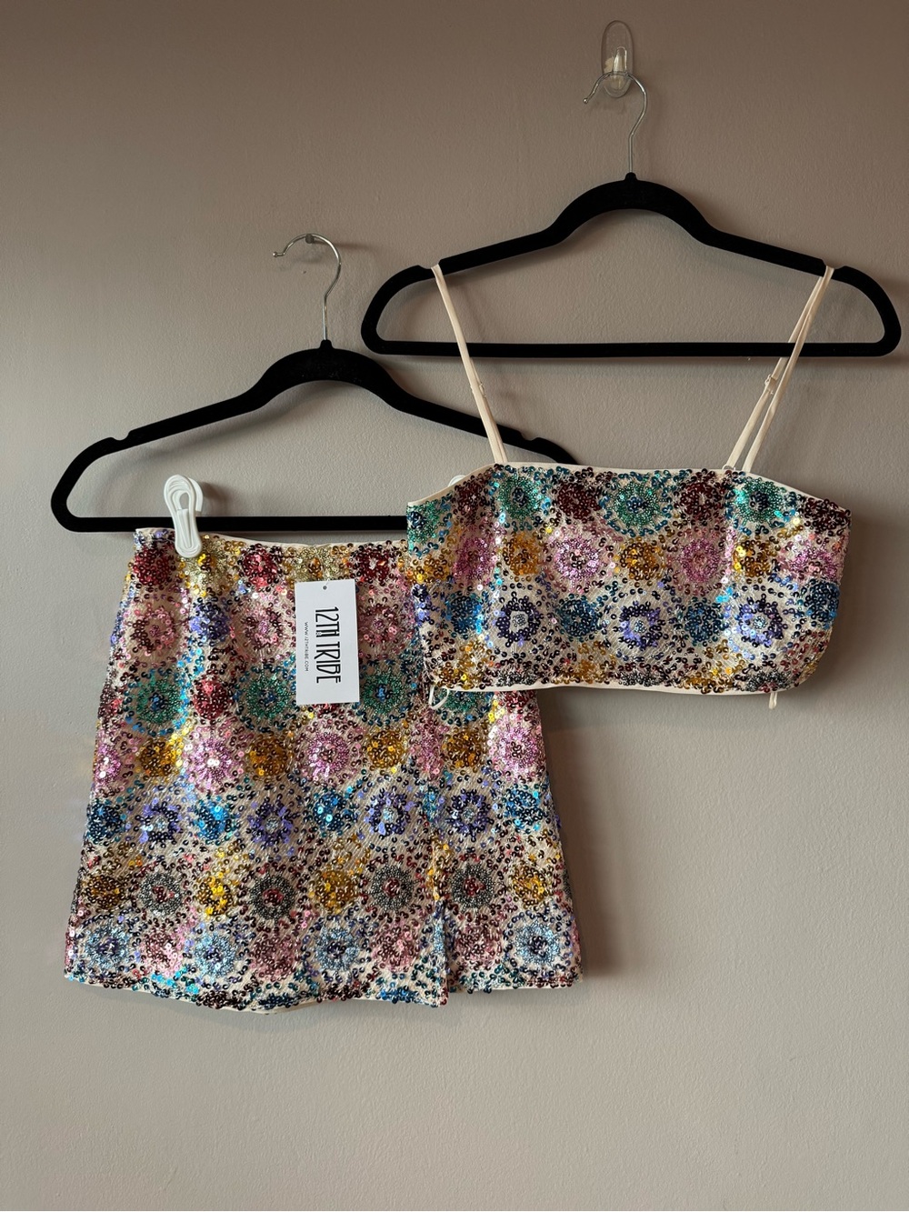 12th Tribe NWT Genevieve Multi Sequin Crop Top and Mini Skirt Set Size XS